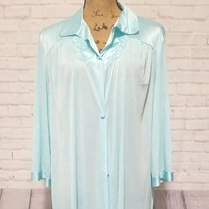 Vintage Vanity Fair Sz L Blue Button Front 3/4 Sleeve Night Gown